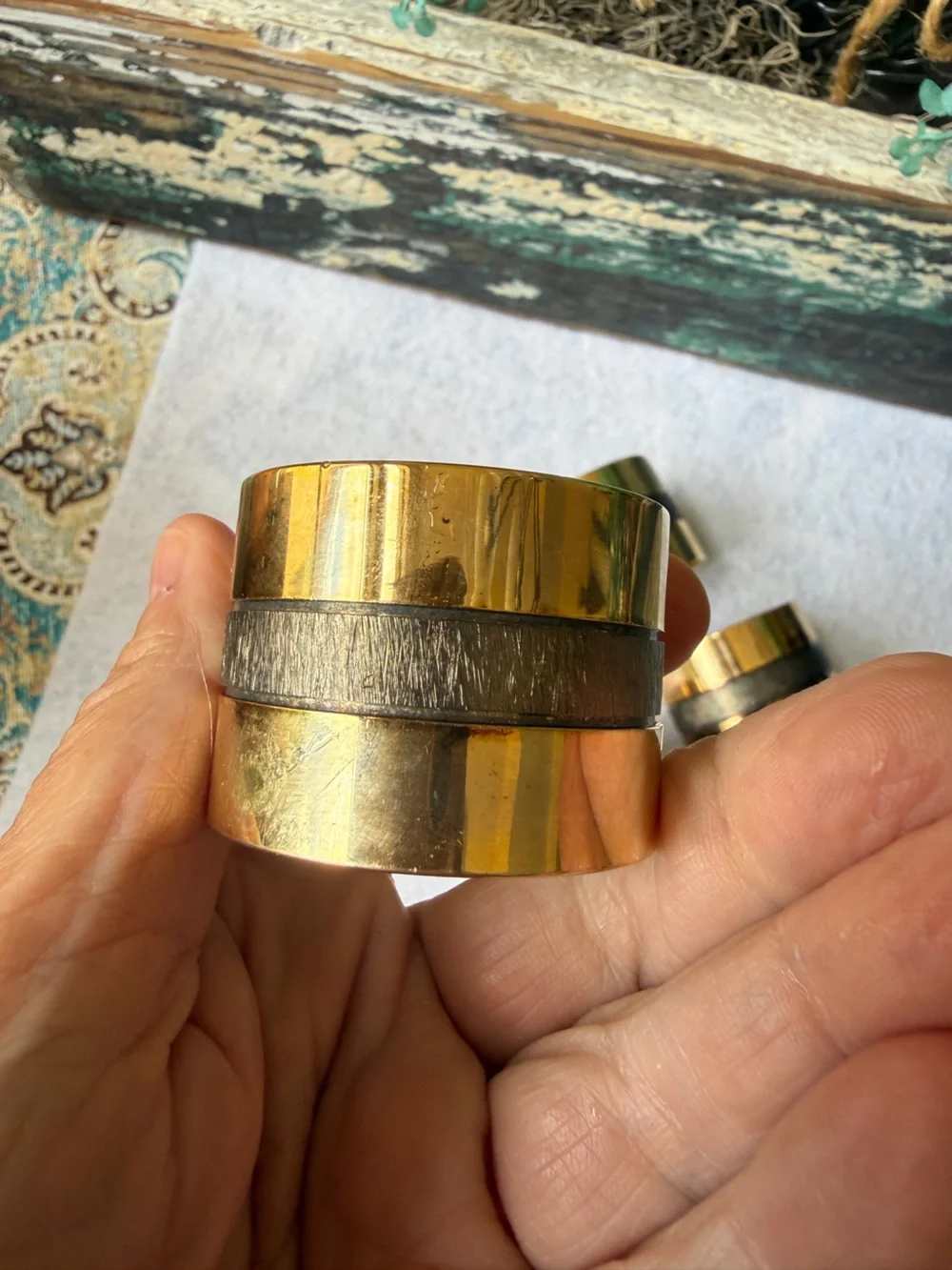 Brass Mixed Metal Napkin Rings Set Of 4 Made In Hong Kong Vintage Modernist